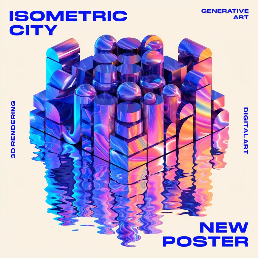 Render an isometric city poster with geometric buildings, neon gradients, gloss highlights, soft AO shadows, clean sans-serif lettering, grid layout, reflections a bit overexposed.