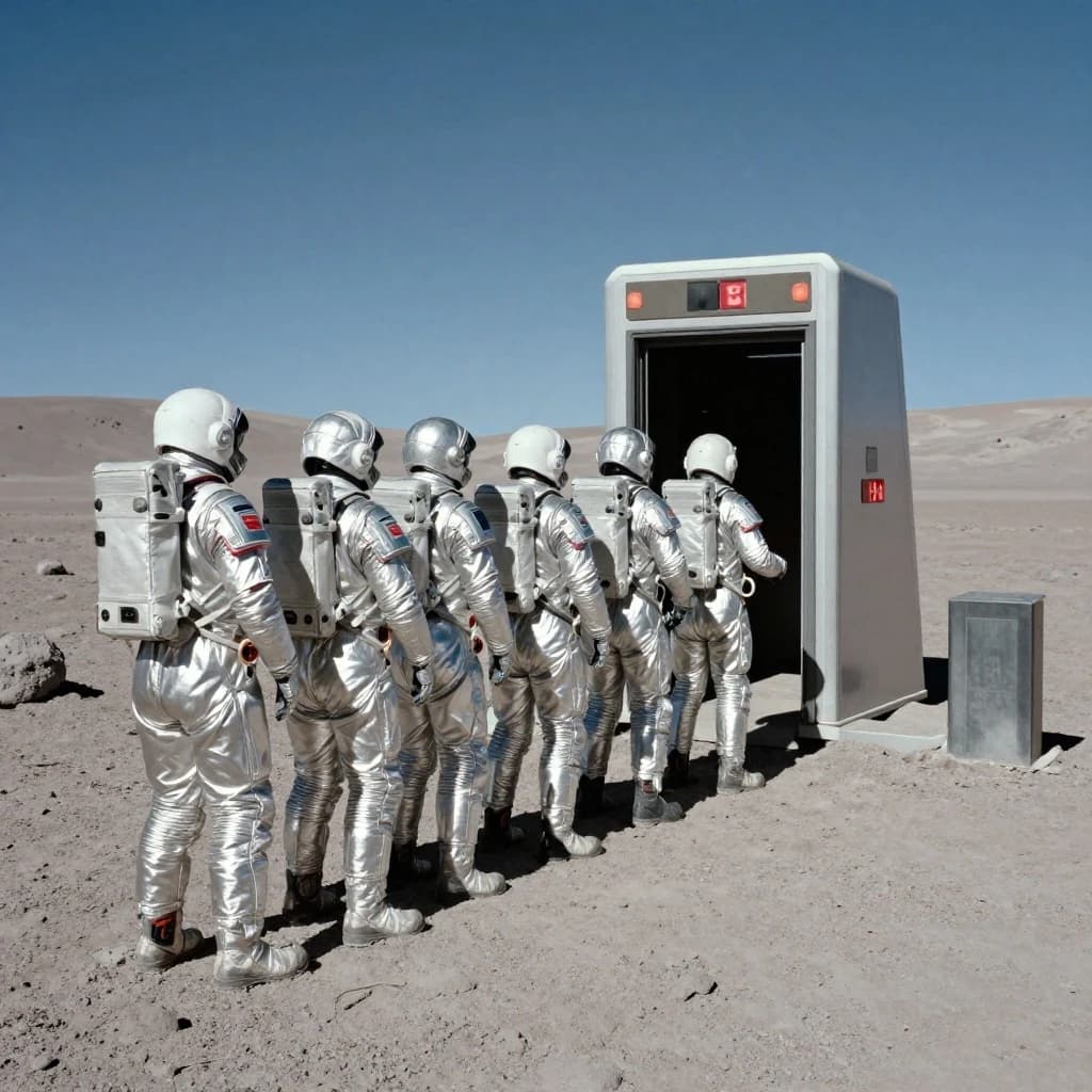 Silver exosuits queue at a dusty lunar checkpoint.