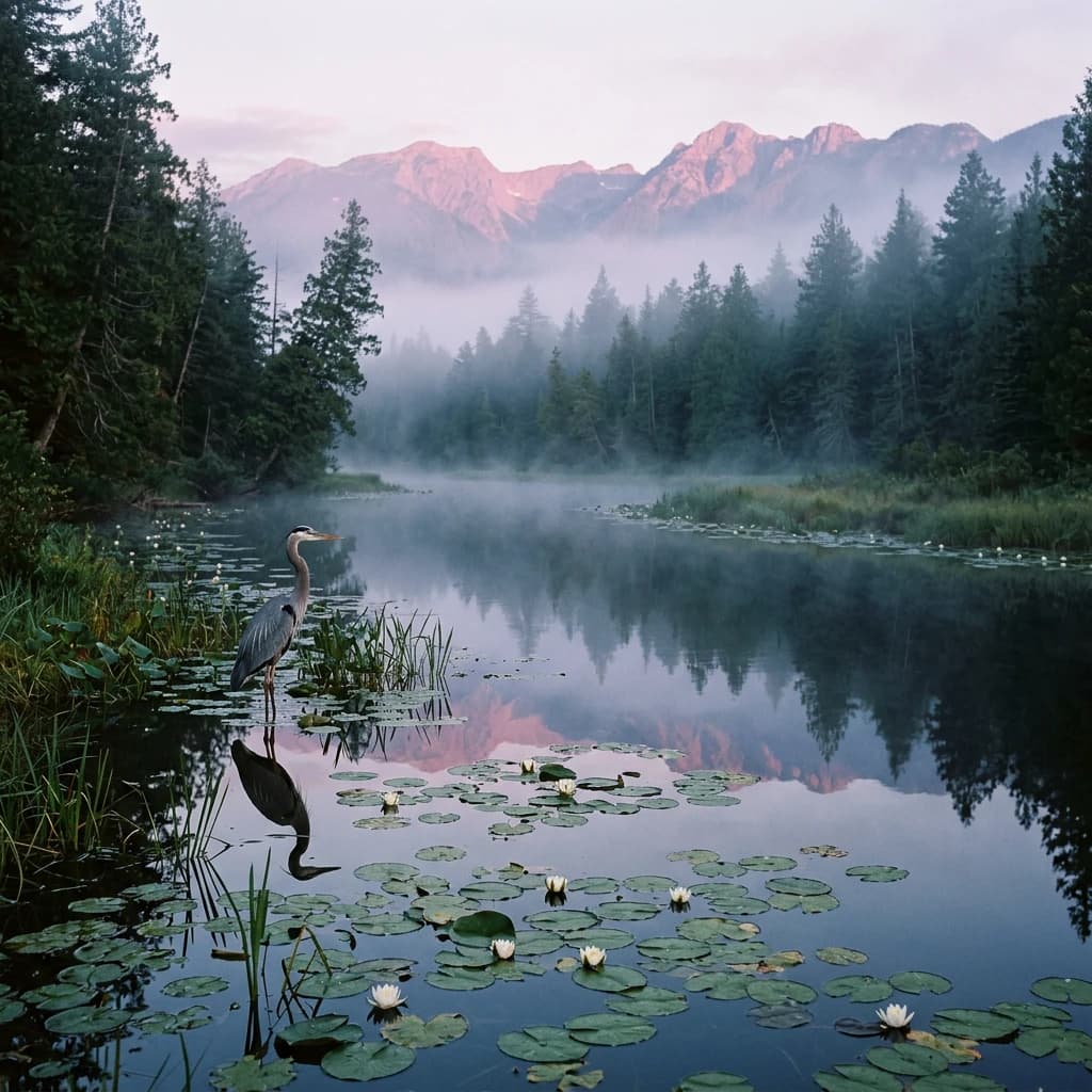 With pre-dawn mist along a cedar forest river and glassy water dotted with lily pads, distant mountains blush pink, and a heron stands still like it forgot what to do next.