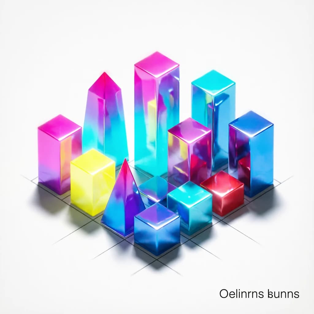 Render an isometric city poster with geometric buildings, neon gradients, gloss highlights, soft AO shadows, clean sans-serif lettering, grid layout, reflections a bit overexposed.