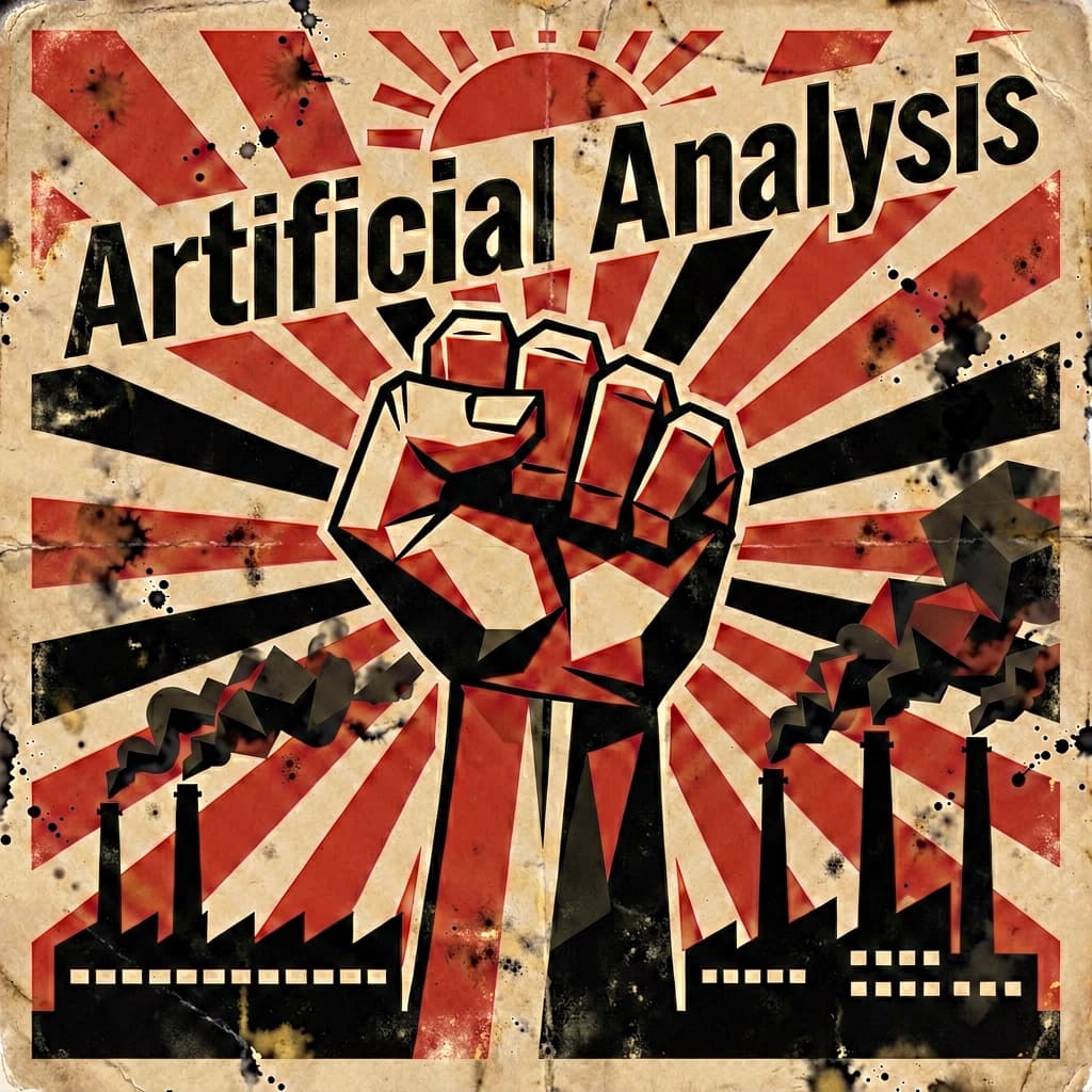 A propaganda poster in stark red, black, and beige. A clenched fist rises in the foreground, rendered with sharp geometric blocks. Behind it, radiating lines stretch upward toward a stylized sun. At the top, bold sans-serif lettering in Cyrillic-inspired type spells out Artificial Analysis, tilted at an angle for emphasis. A factory skyline silhouettes the bottom edge, smoke stacks rising into the background. The texture is rough, printed on aged paper with visible creases and ink bleed. Designed in the constructivist Soviet poster style.