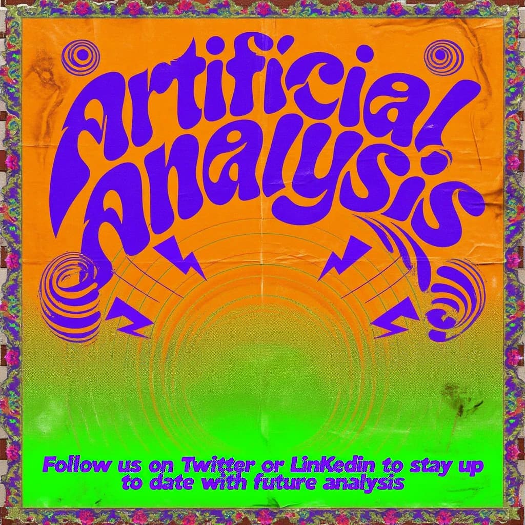 A portrait layout psychedelic concert poster from 1972 bathed in saturated oranges, deep purples, and acid greens. Swirling, hand-drawn typography arcs across the top, spelling out Artificial Analysis in bold, distorted letters that melt into spirals. Surrounded by radiating concentric circles and lightning-bolt motifs. The background is textured with halftone dots and faded paper creases, evoking a well-worn poster taped to a brick wall. Ornate floral borders frame the design, while the bottom features blocky retro lettering listing “Follow us on Twitter or LinkedIn to stay up to date with future analysis” in smaller text.