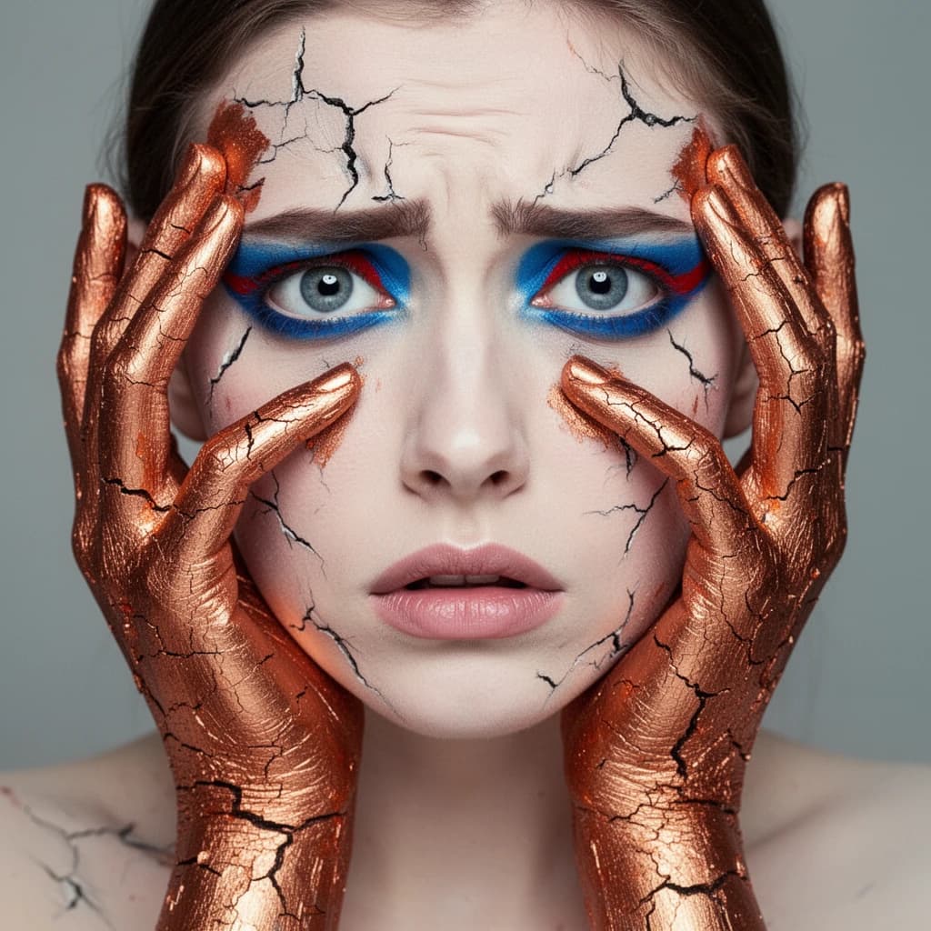 A striking close-up portrait of a woman with cracked metallic copper-painted hands framing her face. Her vivid blue and red eye makeup contrasts sharply with the smooth, pale skin and muted background, creating a bold, surreal composition. She displays an air of uncertainty about her