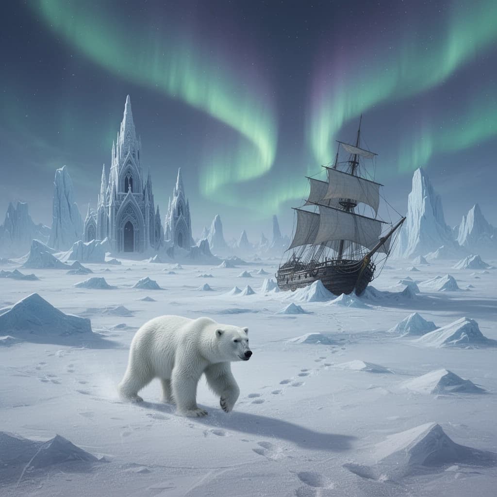 An endless tundra stretches outward, littered with jagged icebergs shaped like cathedral spires. A polar bear trudges across the foreground but leaves no tracks. Auroras ripple overhead. A half-buried shipwreck juts from the snow — sails billowing despite the still air.