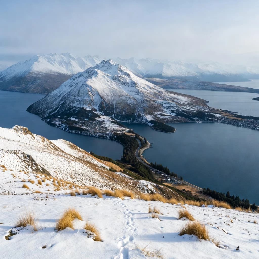 Queenstown's Lake Wakatipu, viewed from the top of Queenstown Hill after a snowstorm just dusted the top of Cecil's Peak