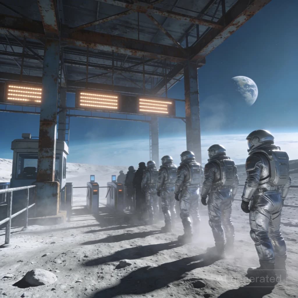 Silver exosuits queue at a dusty lunar checkpoint.
