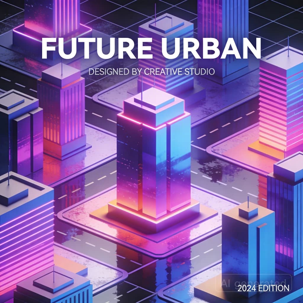 Render an isometric city poster with geometric buildings, neon gradients, gloss highlights, soft AO shadows, clean sans-serif lettering, grid layout, reflections a bit overexposed.