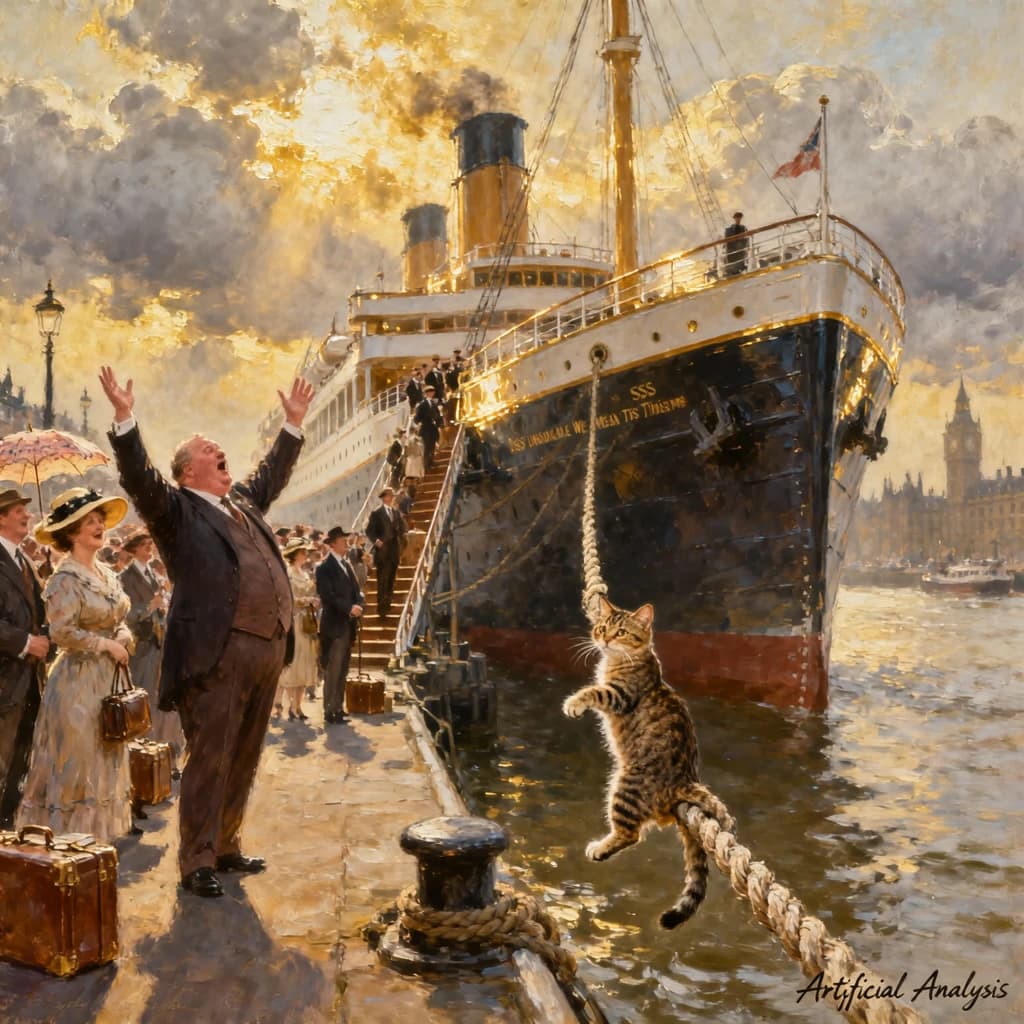 An impressionistic painting of the mighty steamer the "SS Unsinkable We Really Mean It This Time" on a cloudy but bright London morning about to set out on her maiden voyage. A jubilant crowd is gathered on the dock around the paunchy mayor who is making a speech, gesticulating wildly with his hands. The gangways are busy with well heeled ladies and gentlemen making their way onto the ship. A cheeky cat hangs over the water, clinging to the mooring rope after an ill-fated attempt to climb up. The artist has signed his name "Artificial Analysis" in the bottom corner