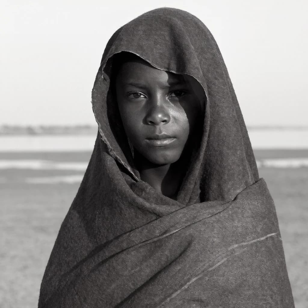 A dramatic black-and-white portrait of a young person draped in a hooded garment, their face framed by the hood's dark folds. Their skin tone and the subtle sheen on their cheeks create striking tonal contrast against the deep shadows. Their eyes are piercing, looking directly into the lens with a calm, steady intensity—neither confrontational nor submissive, but deeply present. The texture of the fabric is visible: it's dense, slightly weathered, and whisper-thin creases catch the light. In the background, an expansive, out-of-focus landscape suggests open space—perhaps distant plains or water—though the details remain soft and abstract. The overall mood is silent yet powerful, poised between vulnerability and resilience, with every highlight and shadow telling part of their story.
