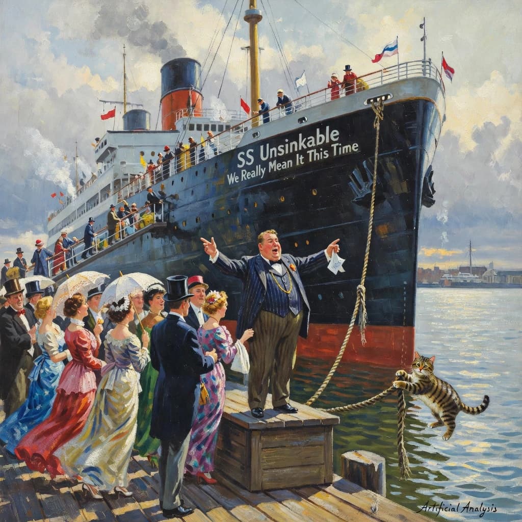 An impressionistic painting of the mighty steamer the "SS Unsinkable We Really Mean It This Time" on a cloudy but bright London morning about to set out on her maiden voyage. A jubilant crowd is gathered on the dock around the paunchy mayor who is making a speech, gesticulating wildly with his hands. The gangways are busy with well heeled ladies and gentlemen making their way onto the ship. A cheeky cat hangs over the water, clinging to the mooring rope after an ill-fated attempt to climb up. The artist has signed his name "Artificial Analysis" in the bottom corner