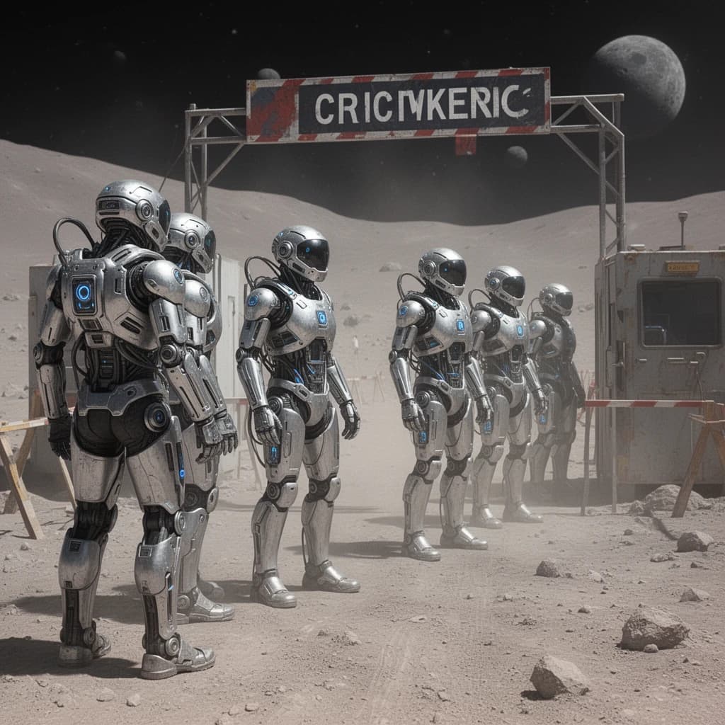 Silver exosuits queue at a dusty lunar checkpoint.