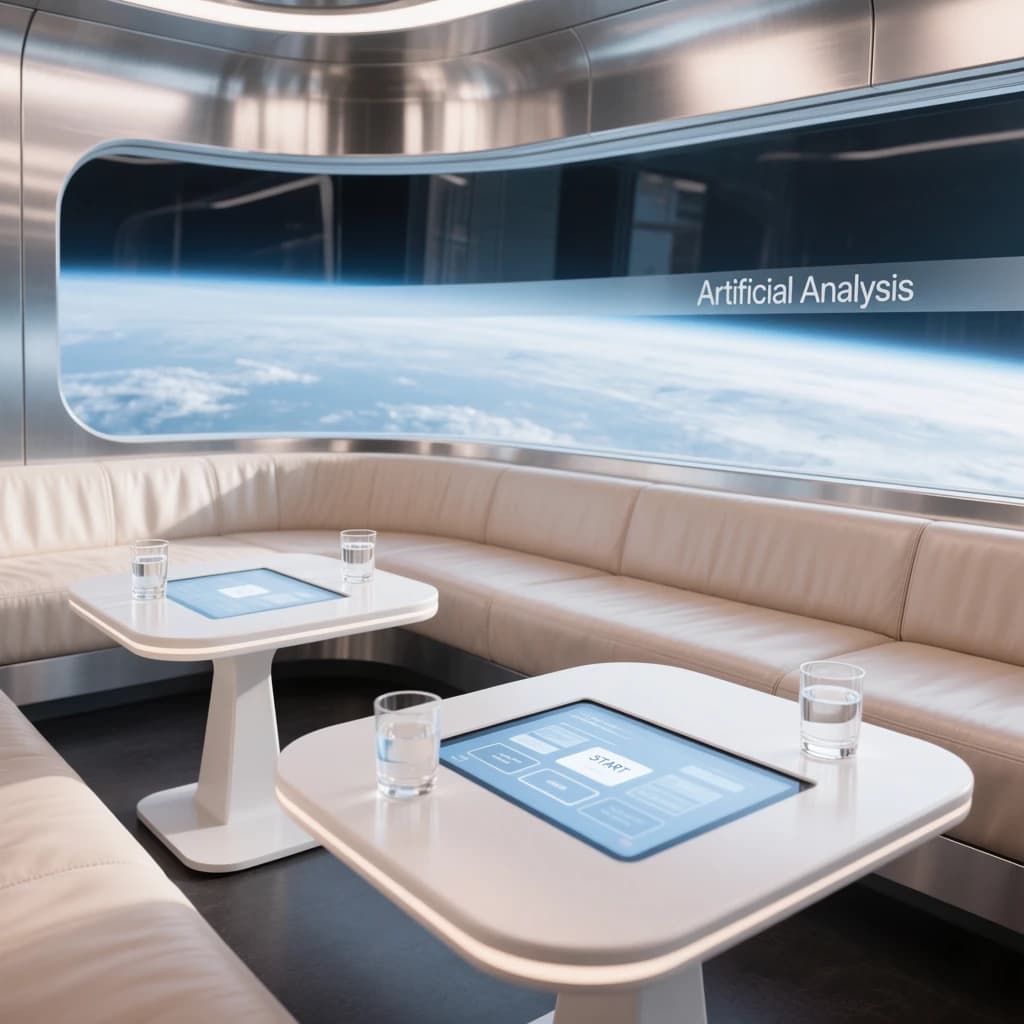 The orbital lounge has brushed aluminum walls and pale leather banquettes. Low white tables are inset with glowing touchscreens. Drinks are clear, flavorless, in tall unmarked glasses. The viewport is floor-to-ceiling, showing Earth moving slowly beneath. The word Artificial Analysis is etched discreetly on the glass in a frosted band.