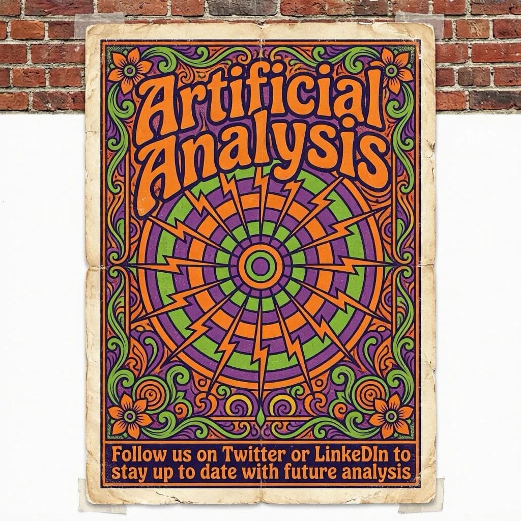 A portrait layout psychedelic concert poster from 1972 bathed in saturated oranges, deep purples, and acid greens. Swirling, hand-drawn typography arcs across the top, spelling out Artificial Analysis in bold, distorted letters that melt into spirals. Surrounded by radiating concentric circles and lightning-bolt motifs. The background is textured with halftone dots and faded paper creases, evoking a well-worn poster taped to a brick wall. Ornate floral borders frame the design, while the bottom features blocky retro lettering listing “Follow us on Twitter or LinkedIn to stay up to date with future analysis” in smaller text.