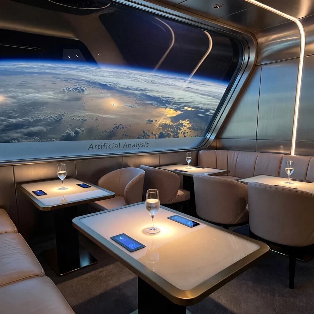 The orbital lounge has brushed aluminum walls and pale leather banquettes. Low white tables are inset with glowing touchscreens. Drinks are clear, flavorless, in tall unmarked glasses. The viewport is floor-to-ceiling, showing Earth moving slowly beneath. The word Artificial Analysis is etched discreetly on the glass in a frosted band.
