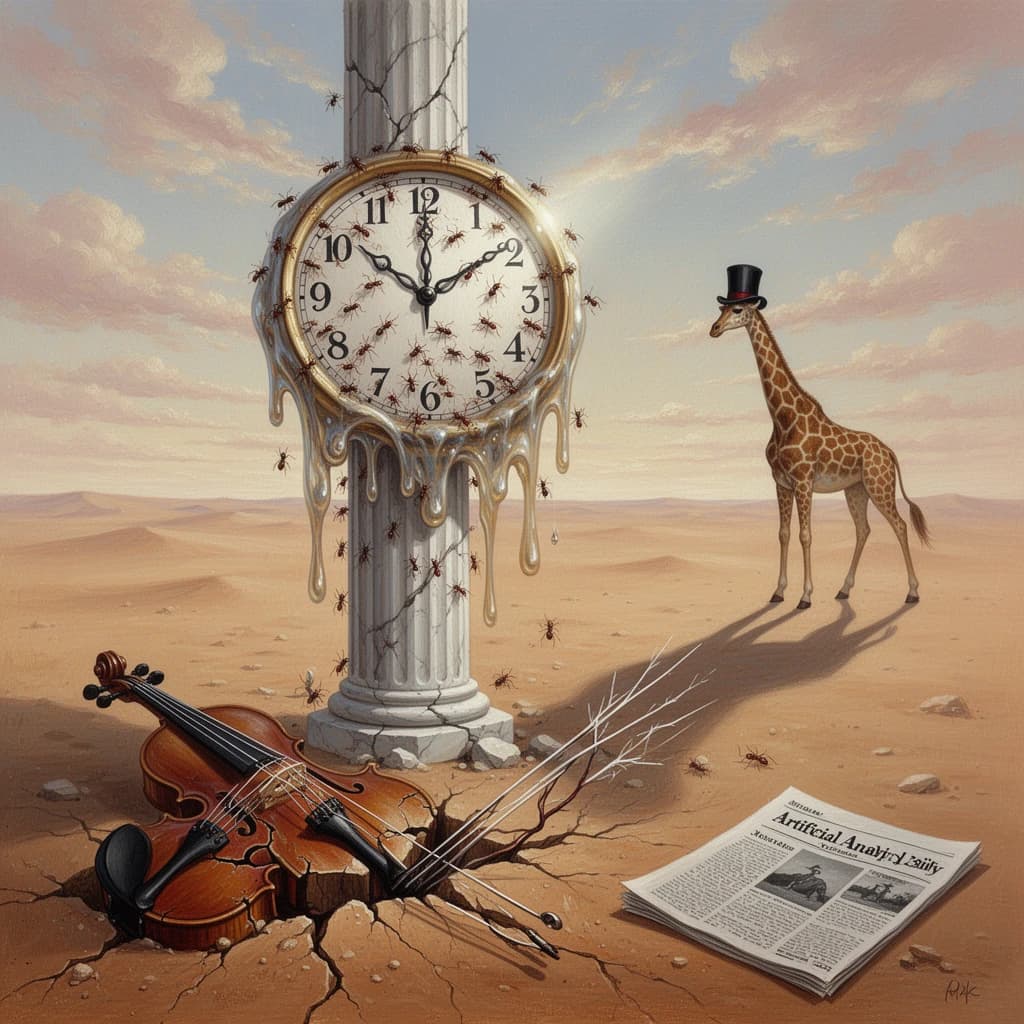 A vast desert plain stretches endlessly under a sky streaked with pale pink and ochre clouds. In the center stands a colossal clock, its face drooping and melting over the edge of a broken marble column. Ants swarm across its warped surface, glinting in the harsh sunlight. To the right, a horse with a giraffe like neck wearing a top hat strides toward the horizon, its shadow stretching miles across the sand. A cracked violin lies half-buried in the foreground, strings snapping outward like veins. Painted in the dreamlike surrealist style. A newspaper named the "Artificial Analysis Daily" lies on the Floor.