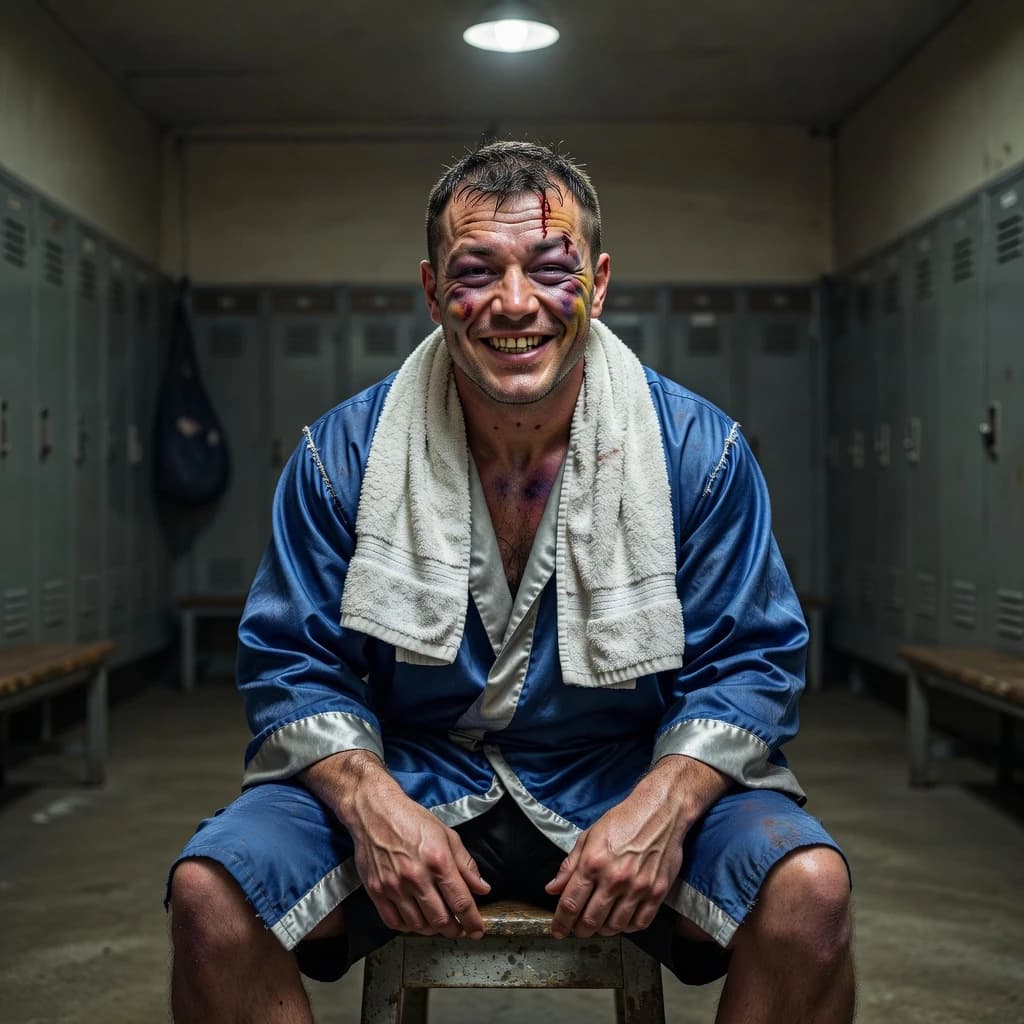 Paint a bruised boxer smiling, serious expression.