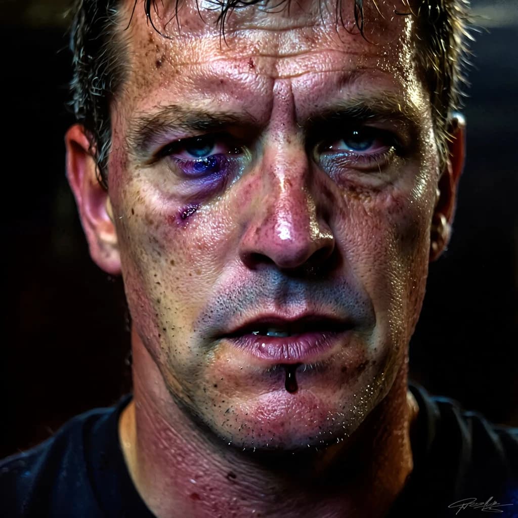 Paint a bruised boxer smiling, serious expression.