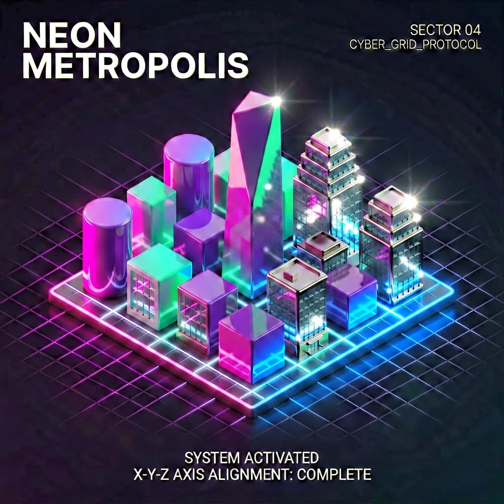 Render an isometric city poster with geometric buildings, neon gradients, gloss highlights, soft AO shadows, clean sans-serif lettering, grid layout, reflections a bit overexposed.