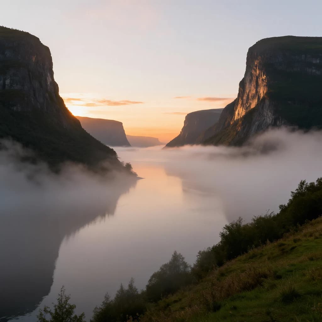 Frame a foggy fjord at sunrise, cliffs looming.