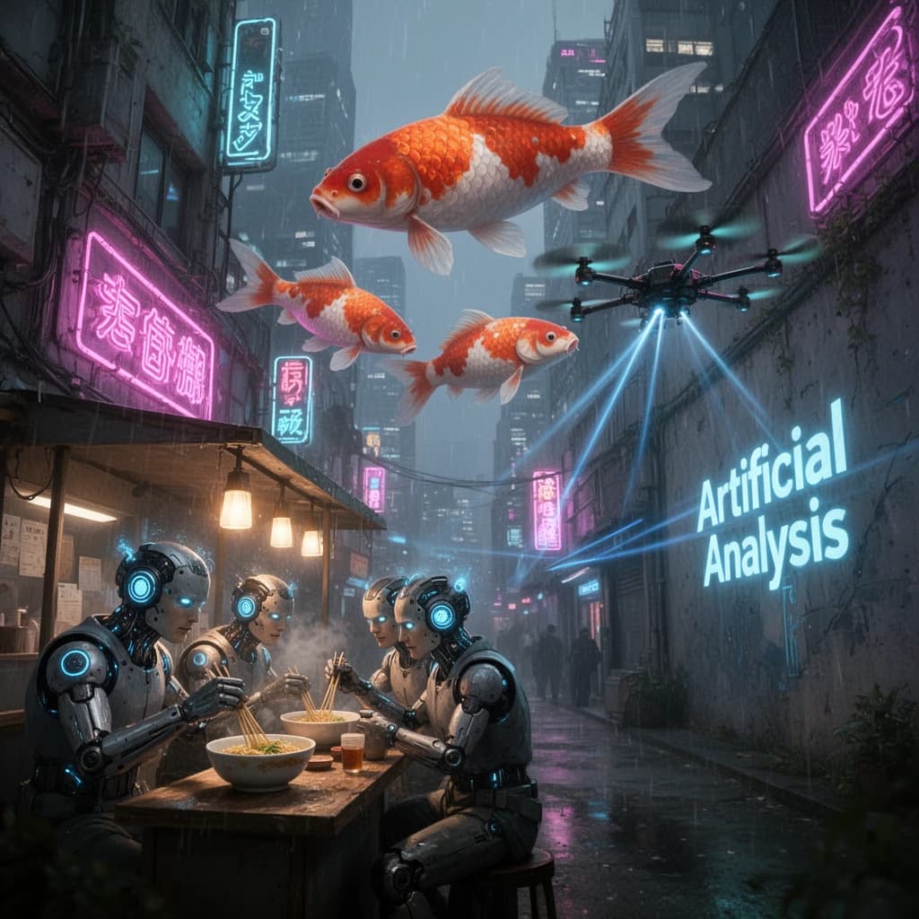 A neon alley in Neo-Tokyo 2142 drips with rain Cybernetic patrons slurp ramen at a stall with their glowing implants humming with blue light. Three giant holographic koi hover 10 metres above the ground and swim across the skyline, one has clipped into a building. A six-prop drone hovers nearby, projecting "Artificial Analysis" onto a wall with blue laser beams visible
