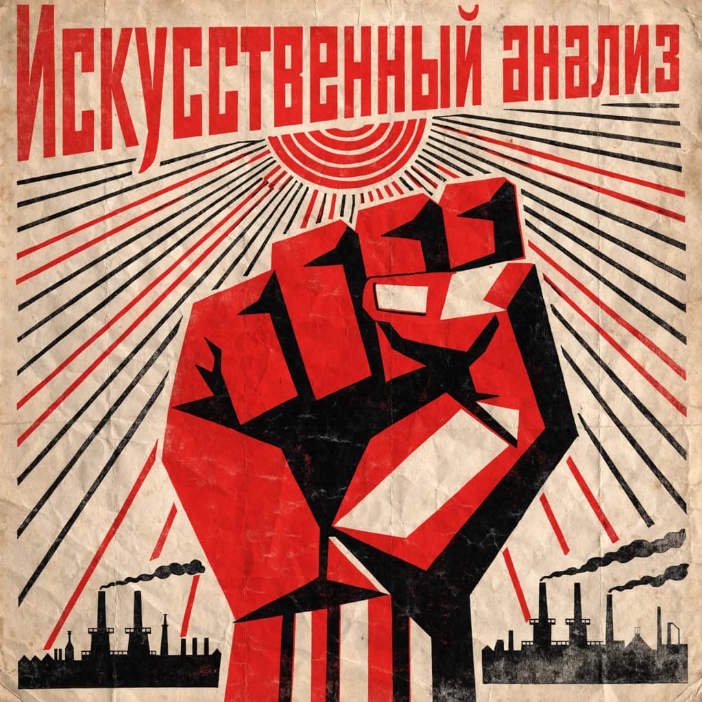 A propaganda poster in stark red, black, and beige. A clenched fist rises in the foreground, rendered with sharp geometric blocks. Behind it, radiating lines stretch upward toward a stylized sun. At the top, bold sans-serif lettering in Cyrillic-inspired type spells out Artificial Analysis, tilted at an angle for emphasis. A factory skyline silhouettes the bottom edge, smoke stacks rising into the background. The texture is rough, printed on aged paper with visible creases and ink bleed. Designed in the constructivist Soviet poster style.