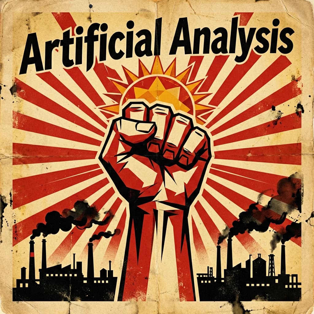 A propaganda poster in stark red, black, and beige. A clenched fist rises in the foreground, rendered with sharp geometric blocks. Behind it, radiating lines stretch upward toward a stylized sun. At the top, bold sans-serif lettering in Cyrillic-inspired type spells out Artificial Analysis, tilted at an angle for emphasis. A factory skyline silhouettes the bottom edge, smoke stacks rising into the background. The texture is rough, printed on aged paper with visible creases and ink bleed. Designed in the constructivist Soviet poster style.