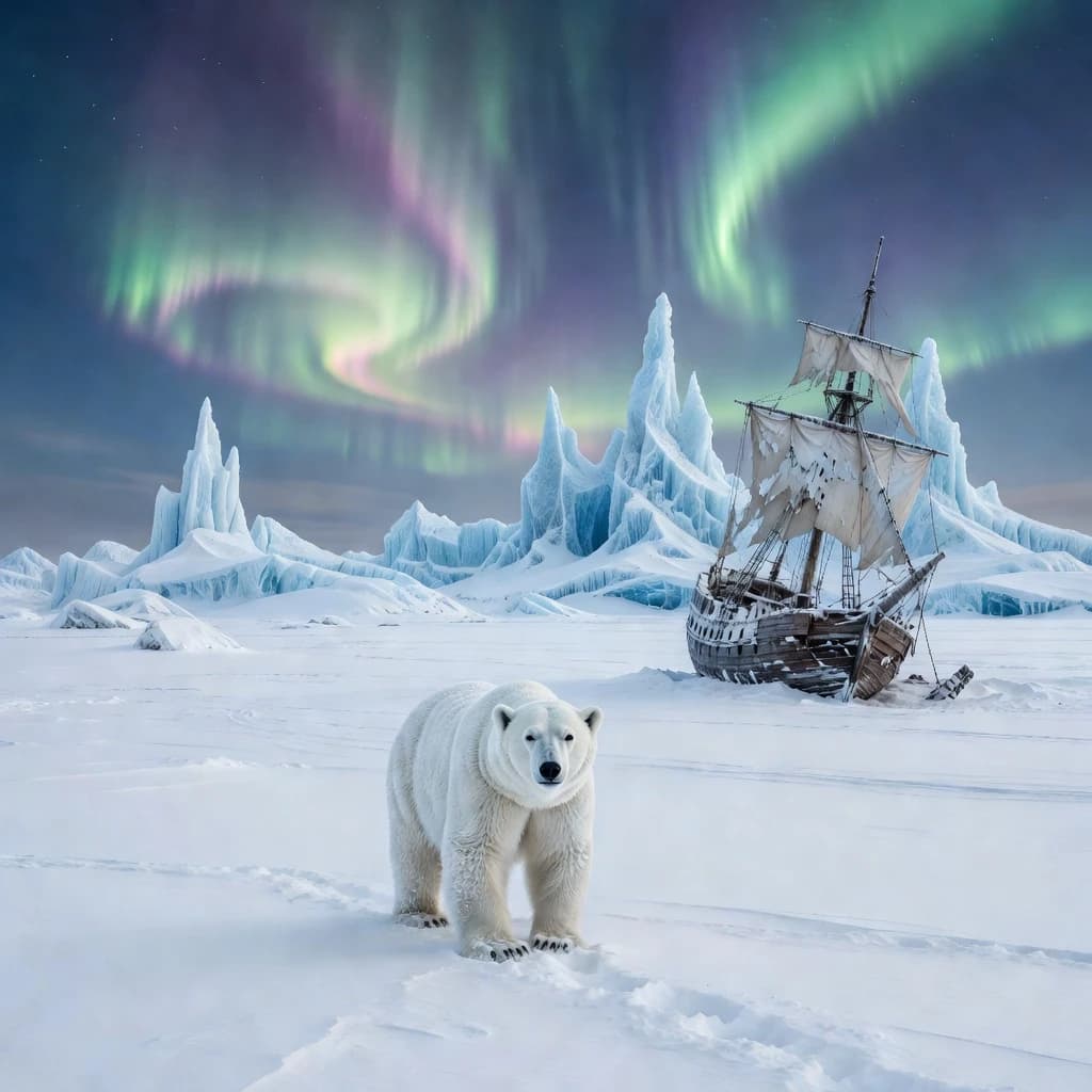 An endless tundra stretches outward, littered with jagged icebergs shaped like cathedral spires. A polar bear trudges across the foreground but leaves no tracks. Auroras ripple overhead. A half-buried shipwreck juts from the snow — sails billowing despite the still air.
