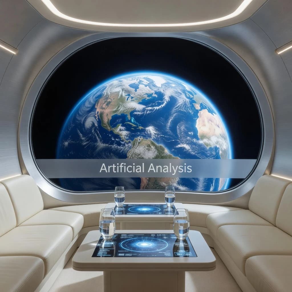 The orbital lounge has brushed aluminum walls and pale leather banquettes. Low white tables are inset with glowing touchscreens. Drinks are clear, flavorless, in tall unmarked glasses. The viewport is floor-to-ceiling, showing Earth moving slowly beneath. The word Artificial Analysis is etched discreetly on the glass in a frosted band.