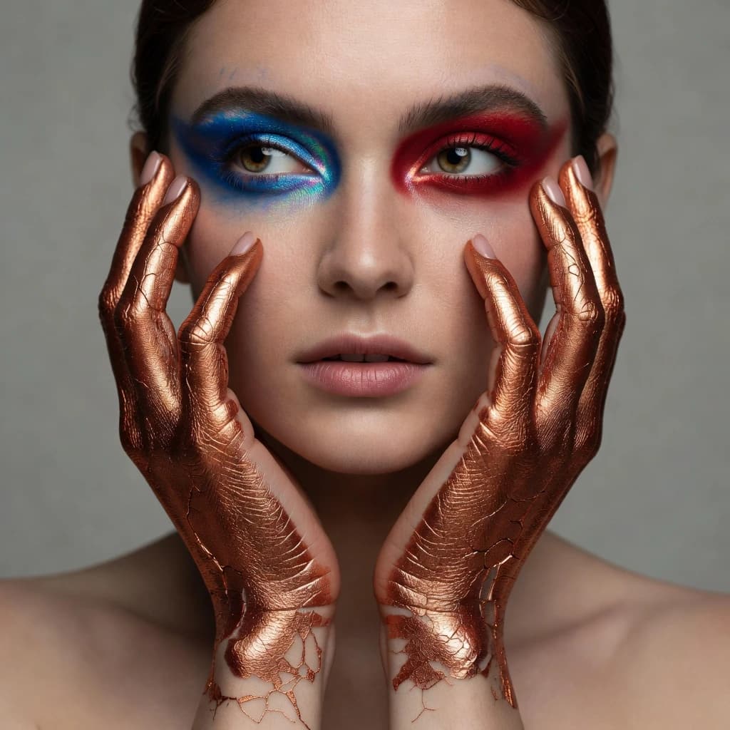A striking close-up portrait of a woman with cracked metallic copper-painted hands framing her face. Her vivid blue and red eye makeup contrasts sharply with the smooth, pale skin and muted background, creating a bold, surreal composition. She displays an air of uncertainty about her