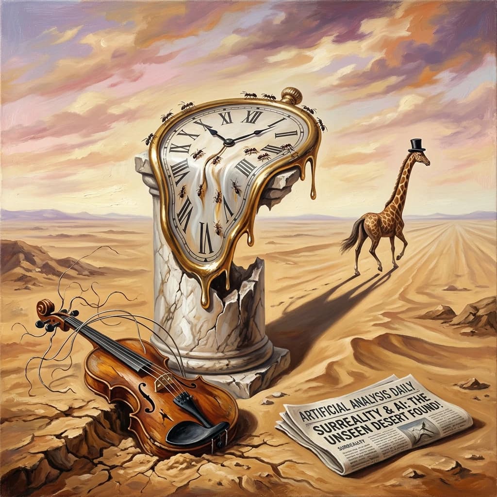 A vast desert plain stretches endlessly under a sky streaked with pale pink and ochre clouds. In the center stands a colossal clock, its face drooping and melting over the edge of a broken marble column. Ants swarm across its warped surface, glinting in the harsh sunlight. To the right, a horse with a giraffe like neck wearing a top hat strides toward the horizon, its shadow stretching miles across the sand. A cracked violin lies half-buried in the foreground, strings snapping outward like veins. Painted in the dreamlike surrealist style. A newspaper named the "Artificial Analysis Daily" lies on the Floor.