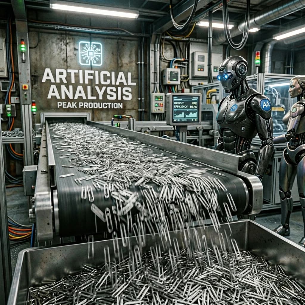 Close up point of view perspective on a conveyor belt pumping out paperclips at a maddening pace. The high tech factory has Artificial Analysis printed proudly on the wall. Robot staff look approvingly over the robust output.