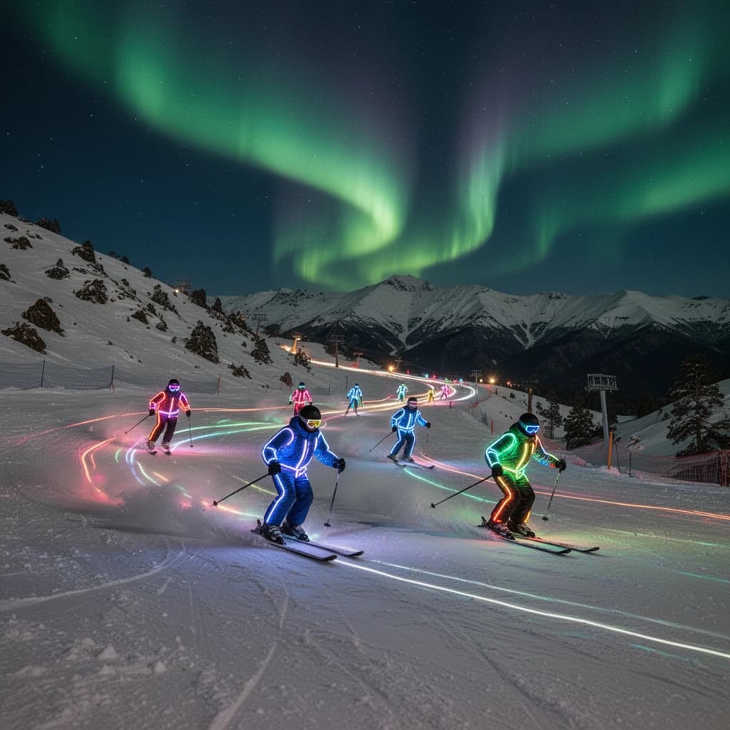 Coronet Peak Night Skiing: Skiers in colorful LED suits carve their way down the slopes of New Zealand's Coronet Peak under the Aurora Borealis, the skiers' light trails visible behind them