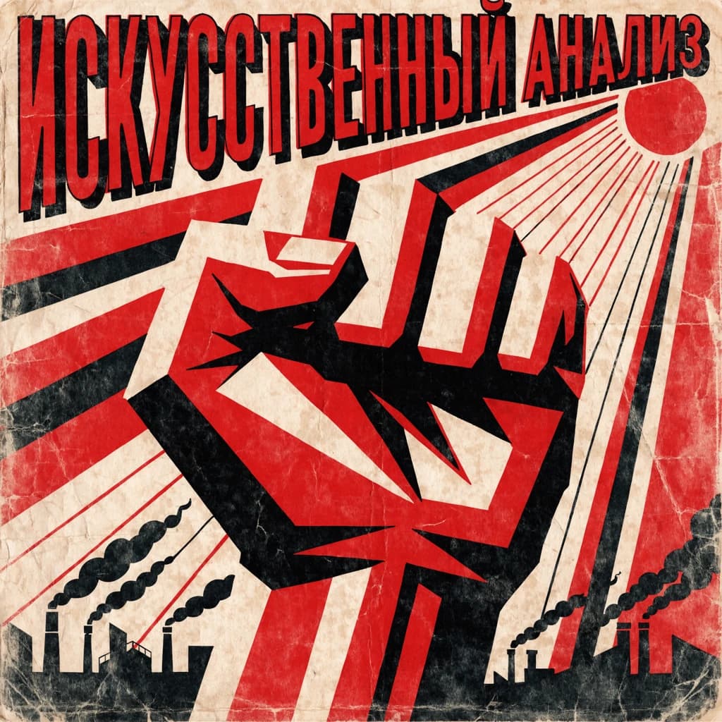 A propaganda poster in stark red, black, and beige. A clenched fist rises in the foreground, rendered with sharp geometric blocks. Behind it, radiating lines stretch upward toward a stylized sun. At the top, bold sans-serif lettering in Cyrillic-inspired type spells out Artificial Analysis, tilted at an angle for emphasis. A factory skyline silhouettes the bottom edge, smoke stacks rising into the background. The texture is rough, printed on aged paper with visible creases and ink bleed. Designed in the constructivist Soviet poster style.