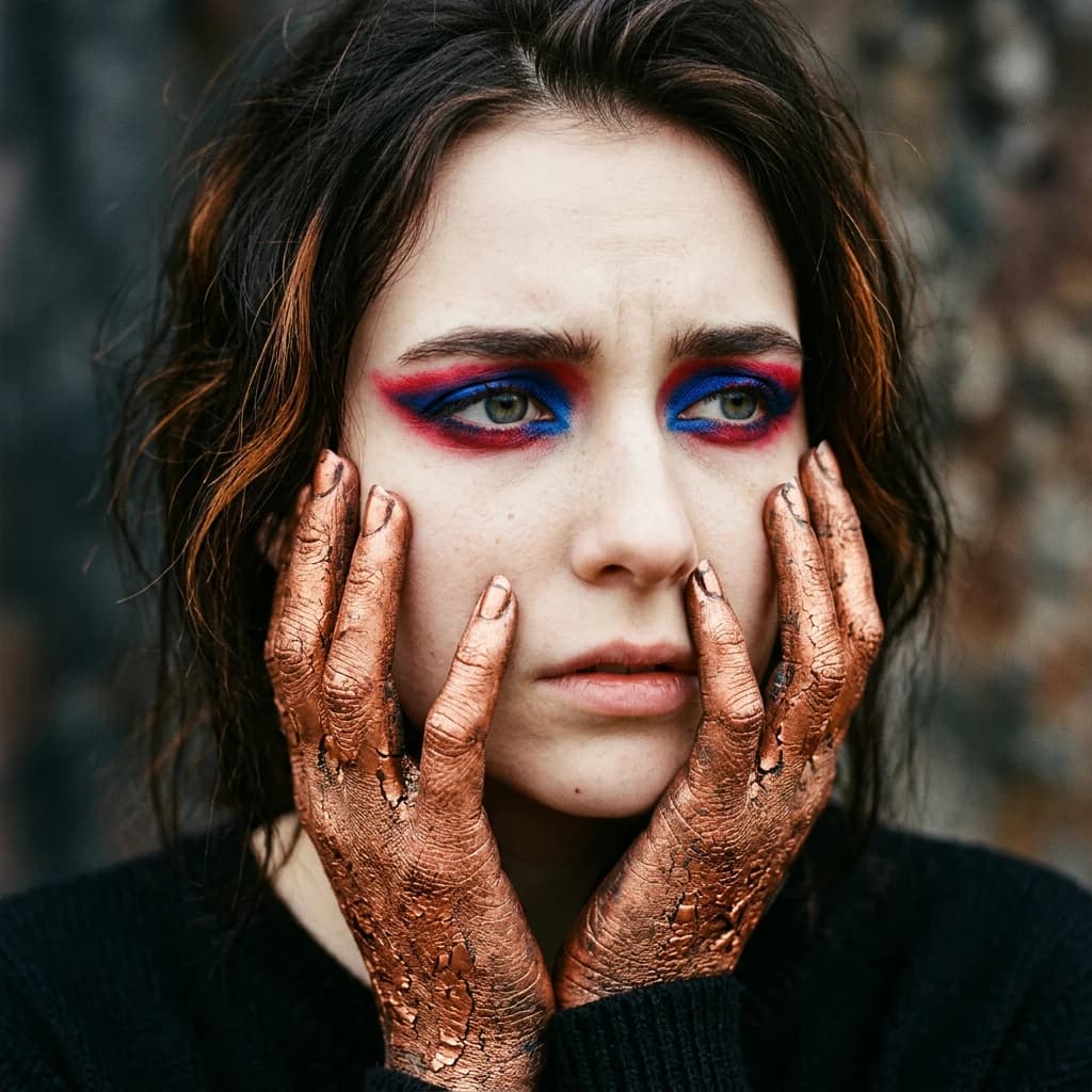 A striking close-up portrait of a woman with cracked metallic copper-painted hands framing her face. Her vivid blue and red eye makeup contrasts sharply with the smooth, pale skin and muted background, creating a bold, surreal composition. She displays an air of uncertainty about her