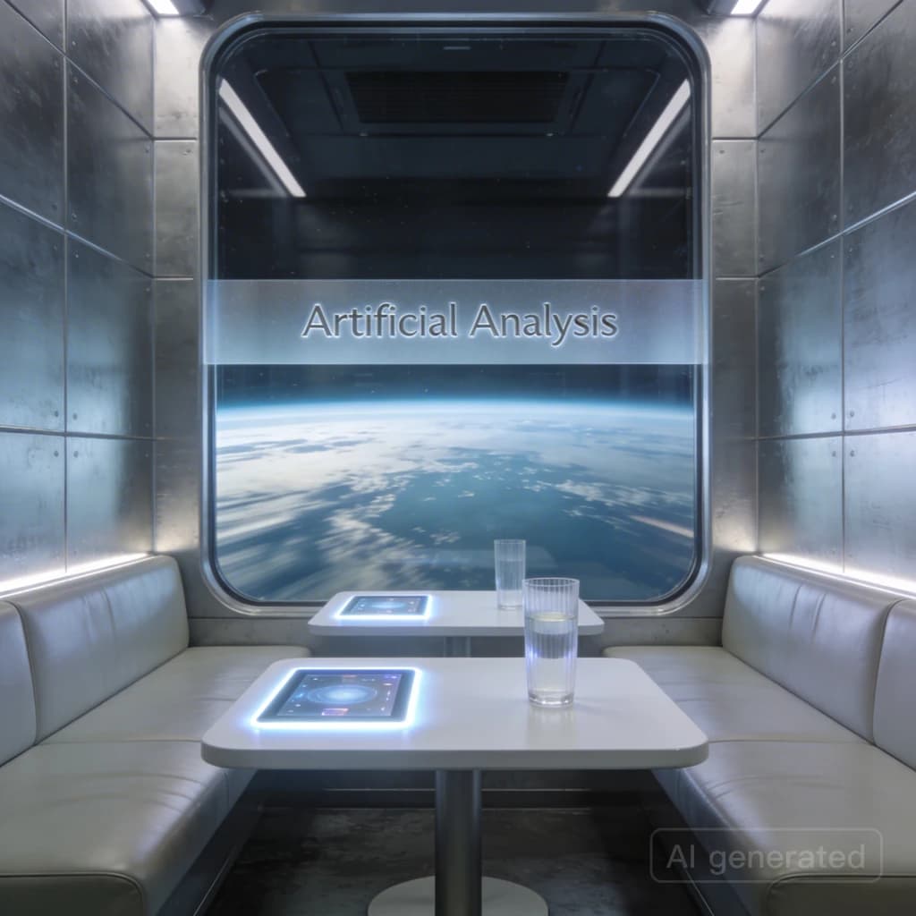 The orbital lounge has brushed aluminum walls and pale leather banquettes. Low white tables are inset with glowing touchscreens. Drinks are clear, flavorless, in tall unmarked glasses. The viewport is floor-to-ceiling, showing Earth moving slowly beneath. The word Artificial Analysis is etched discreetly on the glass in a frosted band.