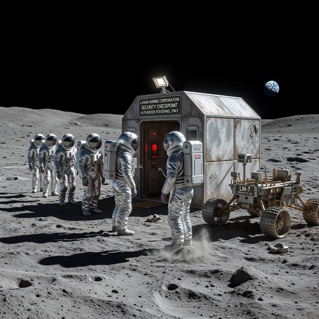 Silver exosuits queue at a dusty lunar checkpoint.