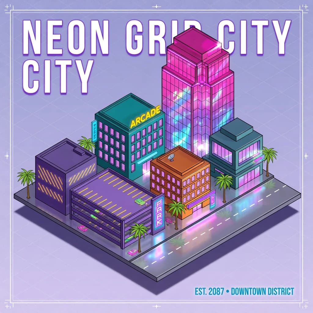 Render an isometric city poster with geometric buildings, neon gradients, gloss highlights, soft AO shadows, clean sans-serif lettering, grid layout, reflections a bit overexposed.