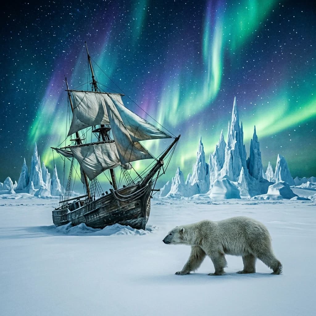 An endless tundra stretches outward, littered with jagged icebergs shaped like cathedral spires. A polar bear trudges across the foreground but leaves no tracks. Auroras ripple overhead. A half-buried shipwreck juts from the snow — sails billowing despite the still air.
