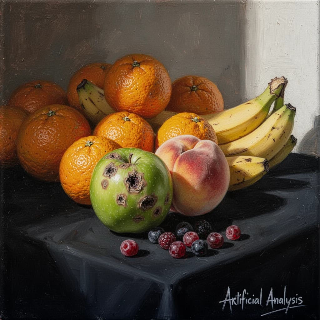 A still life scene painted oil on canvas, comprising various fruits on a black table cloth with striking lighting coming from the right out of frame, creating strong shadows. A bruised green apple is in the foreground, a peach behind it, and behind that a melange of oranges and bananas in various states of ripeness. Berries are strewn in front of the apple. The artist has signed his name "Artificial Analysis" in the bottom right corner in a hurried fashion.