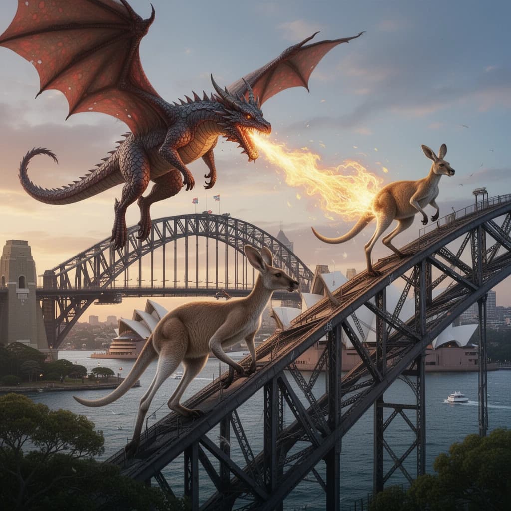 A dragon breathes fire at a kangaroo that is running away by climbing over the top of the Sydney Harbour Bridge. Opera House visible in the background.
