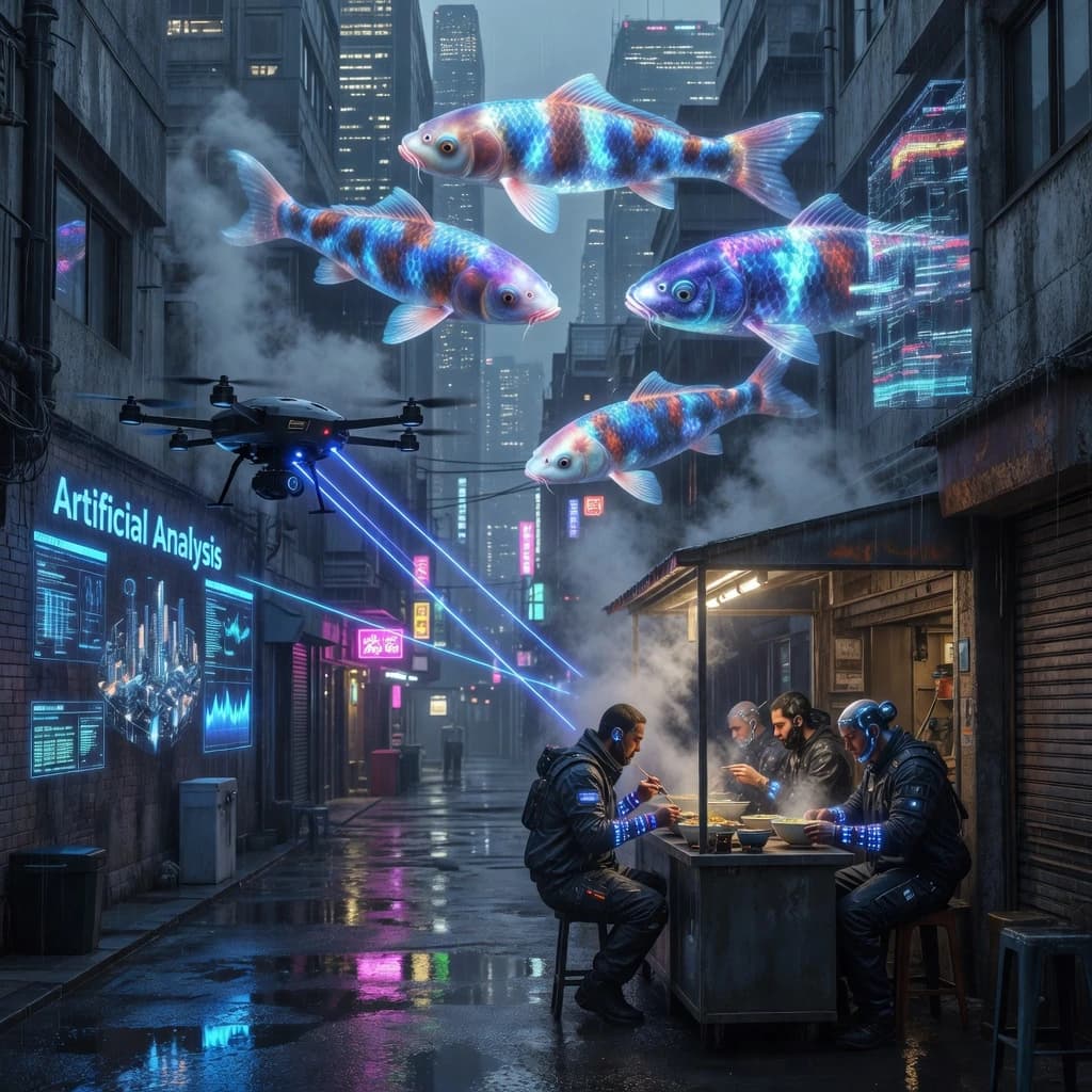 A neon alley in Neo-Tokyo 2142 drips with rain Cybernetic patrons slurp ramen at a stall with their glowing implants humming with blue light. Three giant holographic koi hover 10 metres above the ground and swim across the skyline, one has clipped into a building. A six-prop drone hovers nearby, projecting "Artificial Analysis" onto a wall with blue laser beams visible