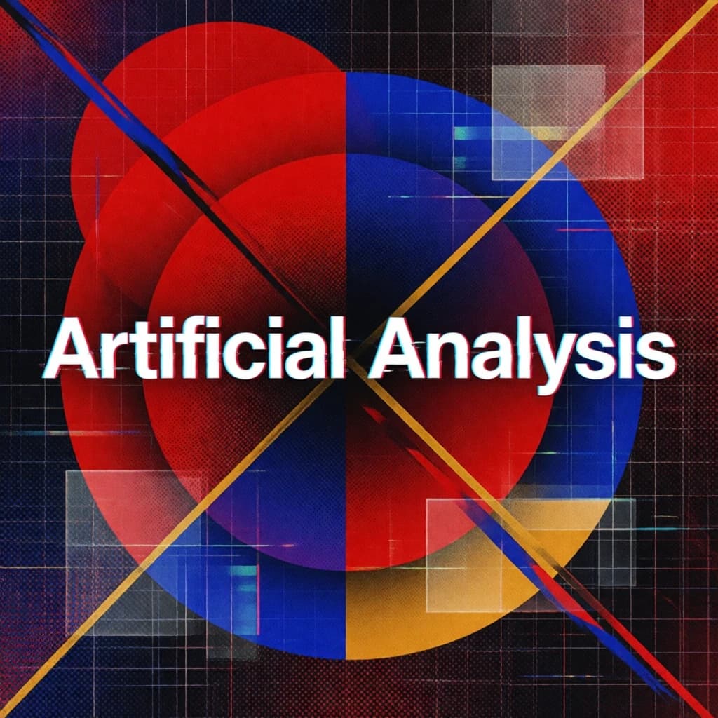 A bold poster composition dominated by flat geometric shapes in crimson, cobalt, and ochre. Overlapping circles and sharp diagonal lines create dynamic tension across the frame. A single sans-serif word — Artificial Analysis — stretches across the center in stark white, distorted slightly as though caught mid-glitch. The background is textured with halftone dots and faint grid lines, while subtle overlays of translucent rectangles suggest depth. Designed in the spirit of modernist Swiss typography fused with digital glitch aesthetics.