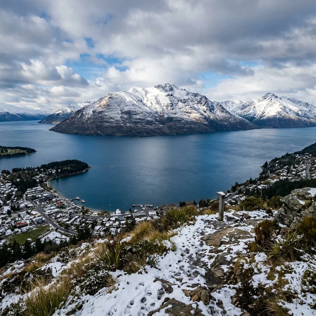 Queenstown's Lake Wakatipu, viewed from the top of Queenstown Hill after a snowstorm just dusted the top of Cecil's Peak