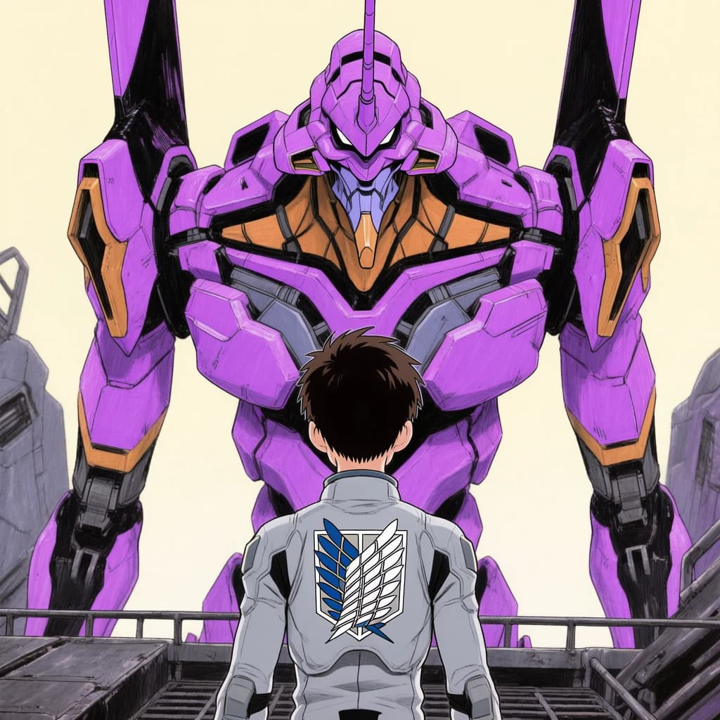 Clad in his body suit up to the neck, young Masa nervously approaches the towering mech with his back facing us. He is nervous for his first time in the field. The mech's bright purple colour scheme contrasts with the grey body suit. The scale of the mech dwarfs Masa. Hand drawn style