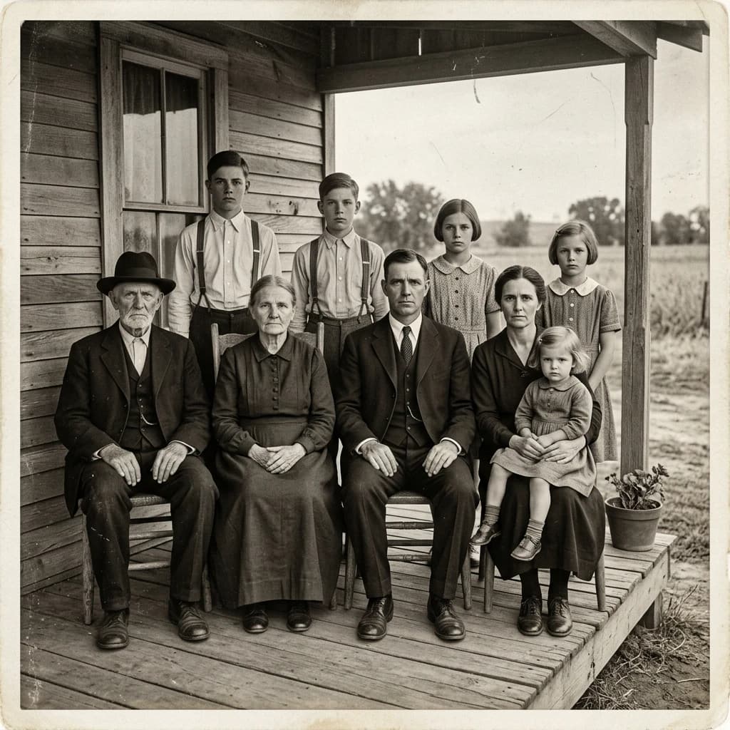 Everybody holds still and nobody smiles for the family portrait. It's 1928 in Kansas