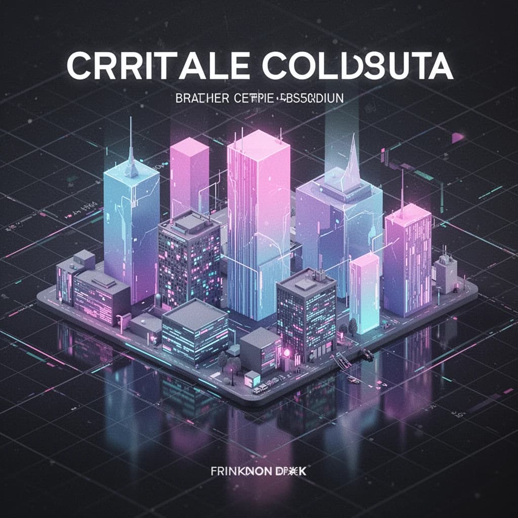 Render an isometric city poster with geometric buildings, neon gradients, gloss highlights, soft AO shadows, clean sans-serif lettering, grid layout, reflections a bit overexposed.