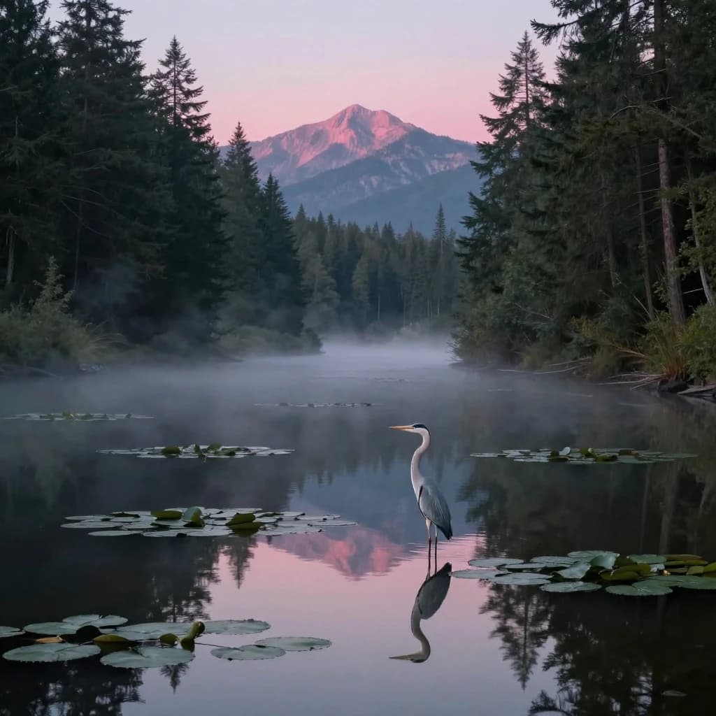 With pre-dawn mist along a cedar forest river and glassy water dotted with lily pads, distant mountains blush pink, and a heron stands still like it forgot what to do next.