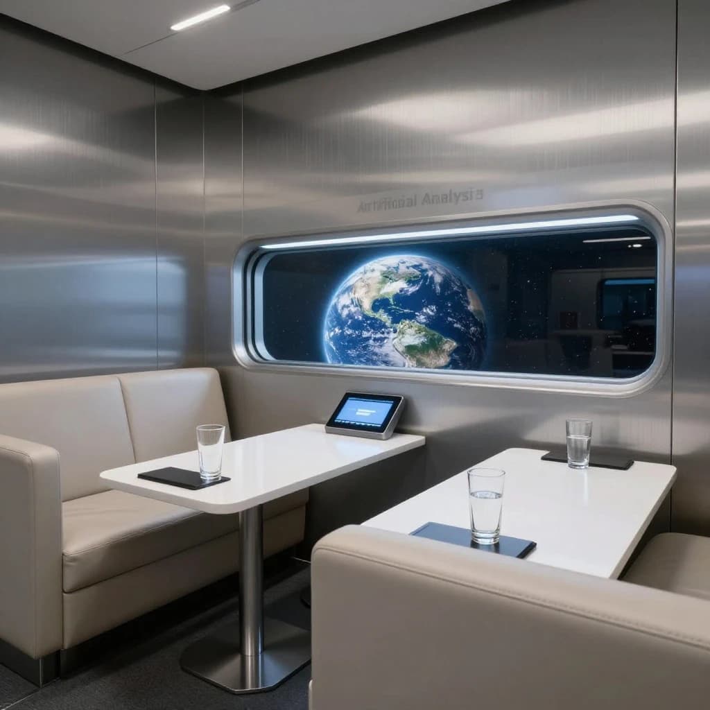 The orbital lounge has brushed aluminum walls and pale leather banquettes. Low white tables are inset with glowing touchscreens. Drinks are clear, flavorless, in tall unmarked glasses. The viewport is floor-to-ceiling, showing Earth moving slowly beneath. The word Artificial Analysis is etched discreetly on the glass in a frosted band.