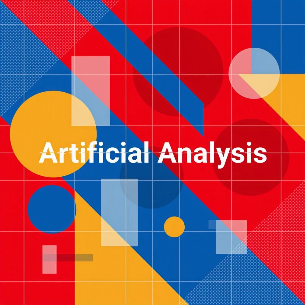 A bold poster composition dominated by flat geometric shapes in crimson, cobalt, and ochre. Overlapping circles and sharp diagonal lines create dynamic tension across the frame. A single sans-serif word — Artificial Analysis — stretches across the center in stark white, distorted slightly as though caught mid-glitch. The background is textured with halftone dots and faint grid lines, while subtle overlays of translucent rectangles suggest depth. Designed in the spirit of modernist Swiss typography fused with digital glitch aesthetics.
