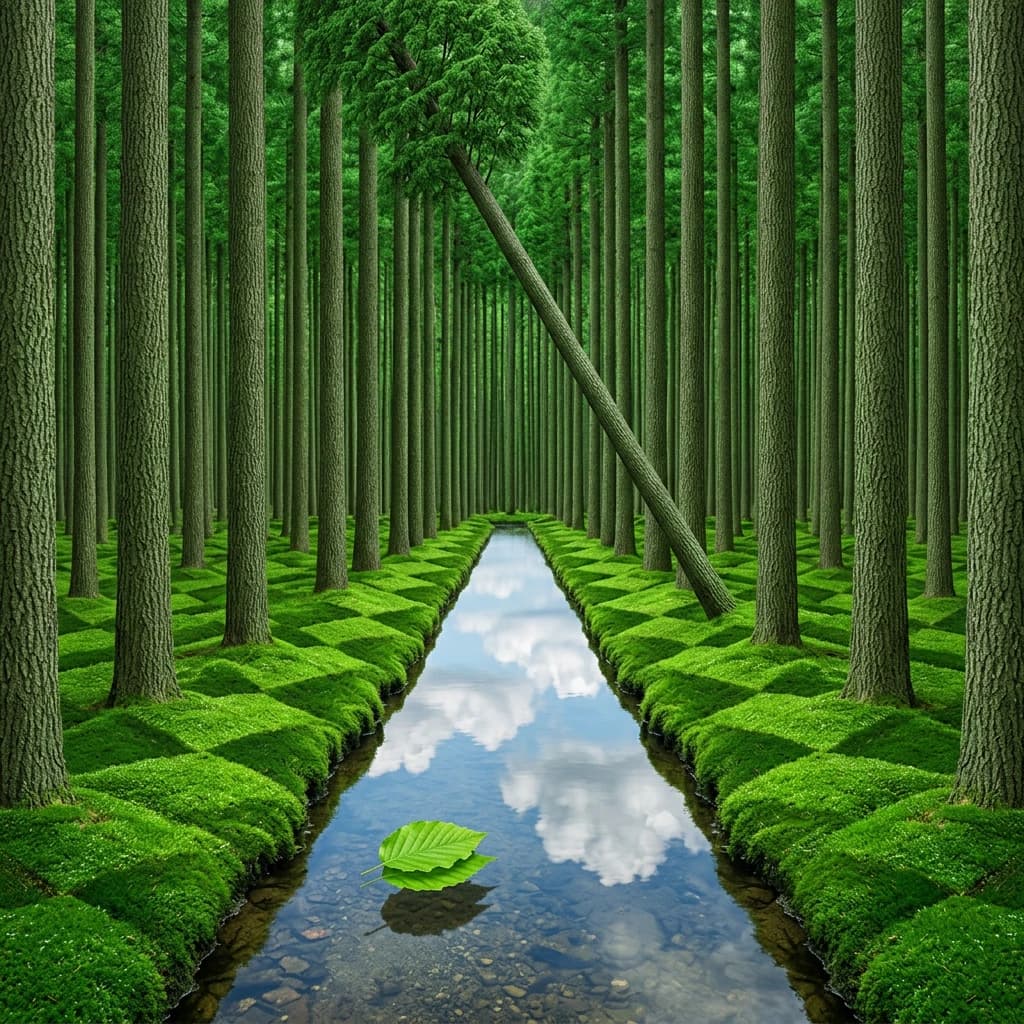 The forest is saturated green, trees identical in height and width, trunks straight, bark texture repeating. One trunk leans diagonally yet the branches remain vertical. The moss is emerald, glistening, though each patch forms identical diamond shapes. A stream runs straight, perfectly linear, water clear, reflecting clouds not visible in the sky. No animals, no insects, but one leaf floats on the water, doubled, showing two overlapping shadows.